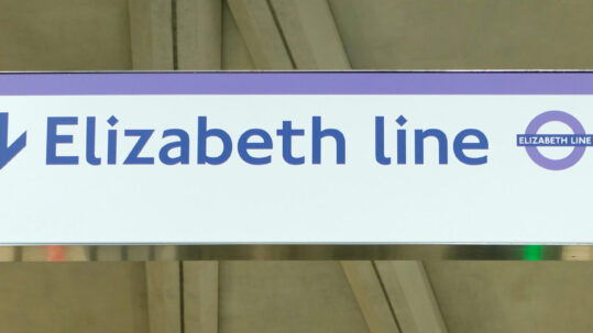 Elizabeth Line train sign in London