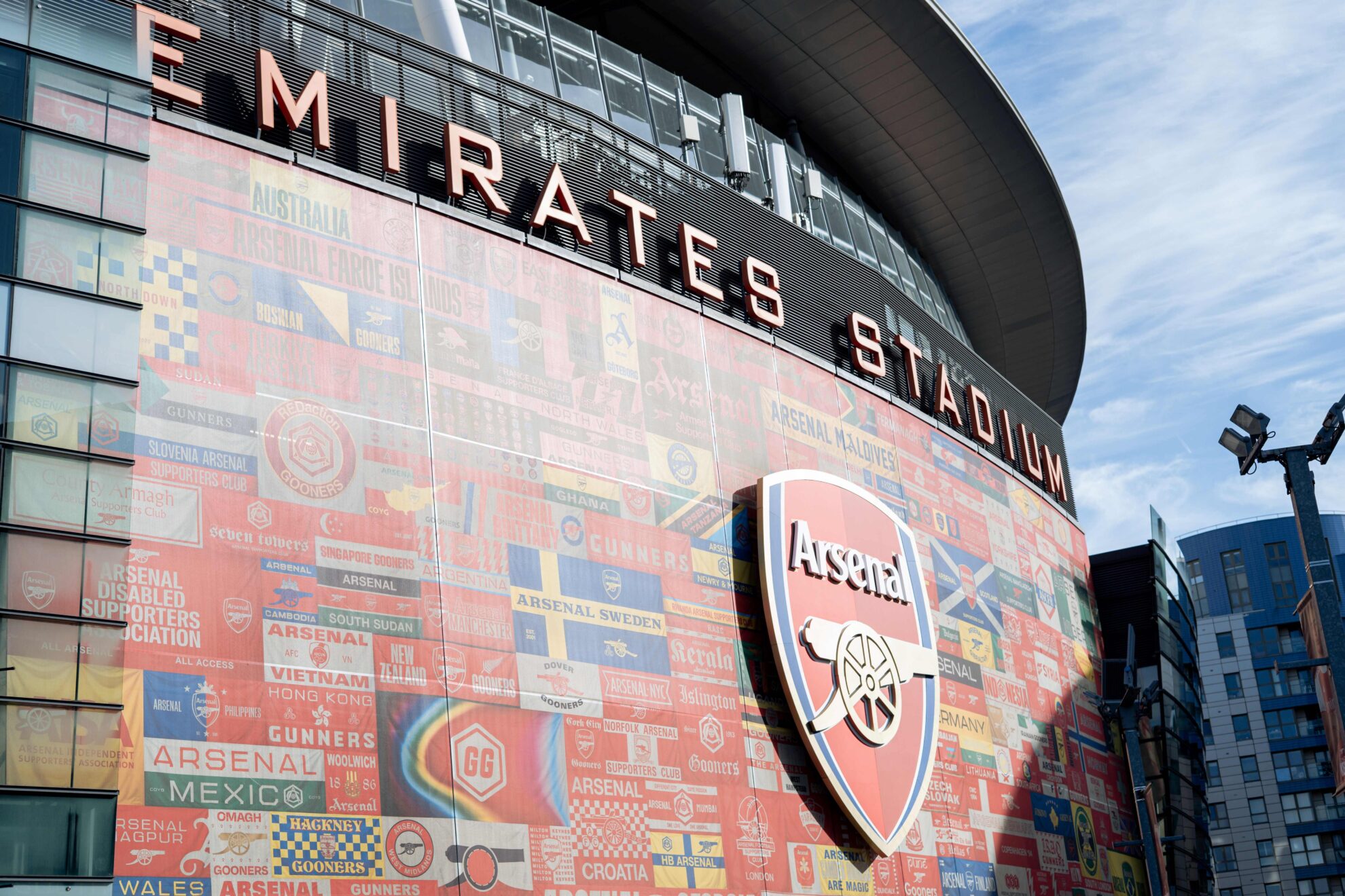 Arsenal FC's Emirates Stadium, showing the stadium name and club badge